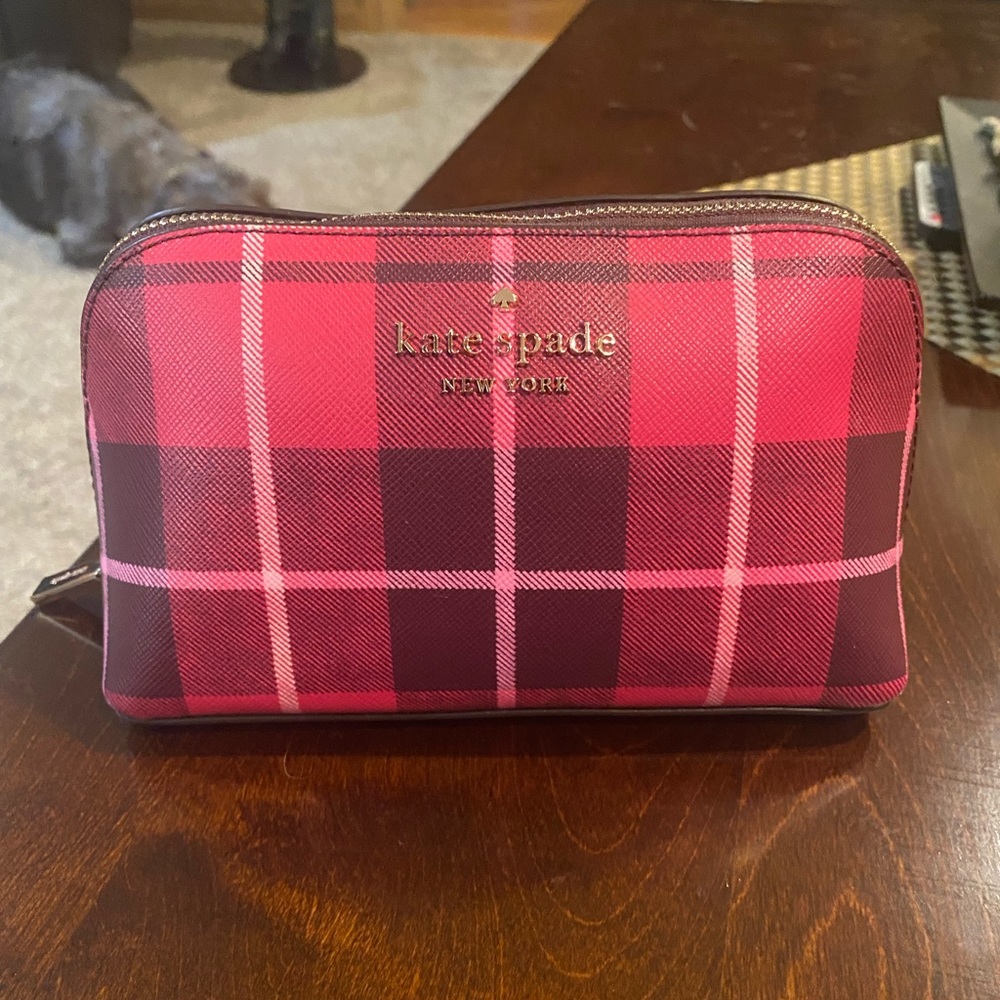 KATE SPADE Staci classic plaid small cosmetics bag NWT; Pink & Purple plaid